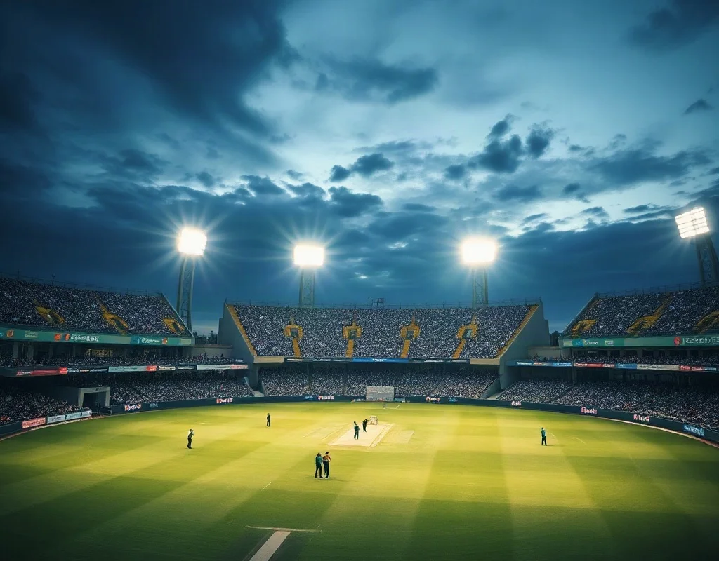 Cricket stadium at dusk with Pakistan team players on field under floodlights.