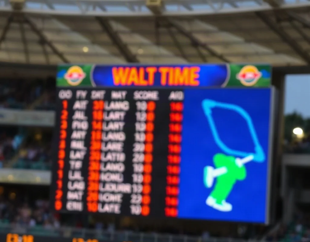 Large cricket scoreboard in a stadium with players on the field in the background.