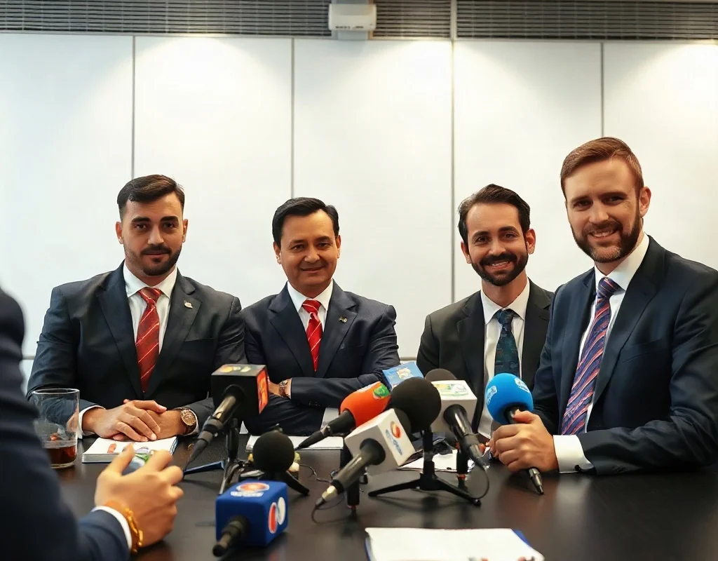 Pakistan cricket board officials holding a press conference with microphones.