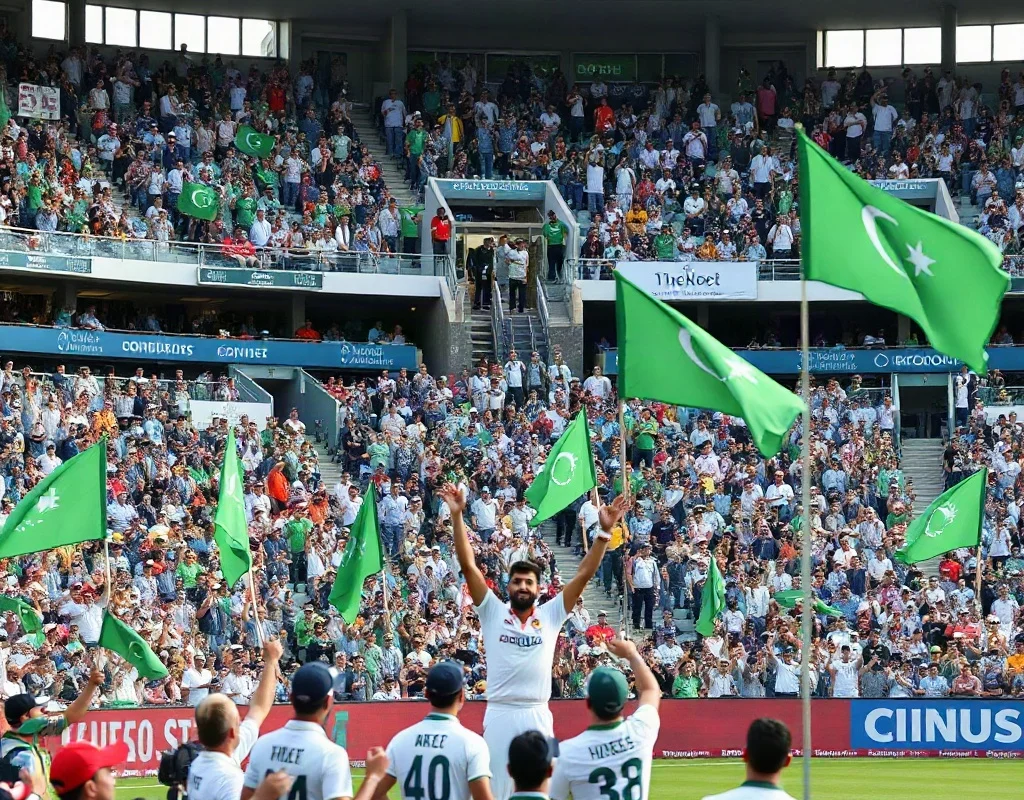 Cricket fans waving green flags while players celebrate a wicket in a stadium.