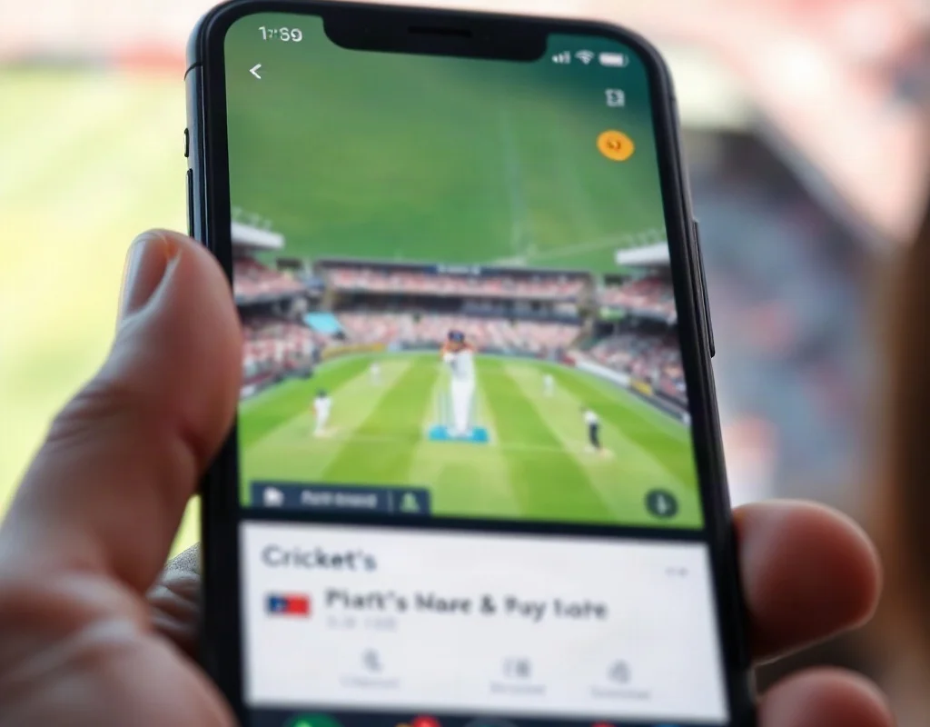 Fan holding a smartphone with a blurred cricket app screen at a stadium.