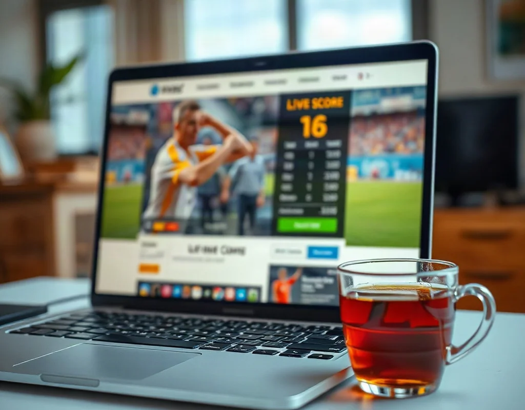 Laptop displaying a blurred sports website with a cup of tea beside it.