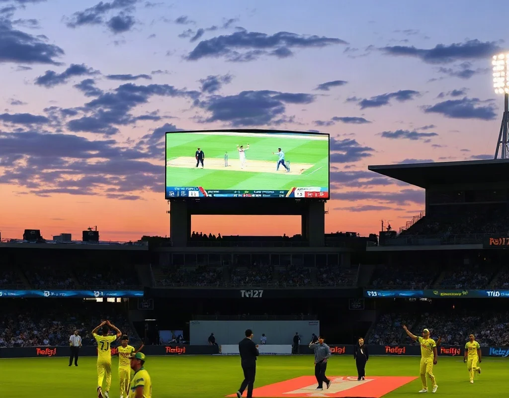 Stadium crowd watching a T20 World Cup match during twilight