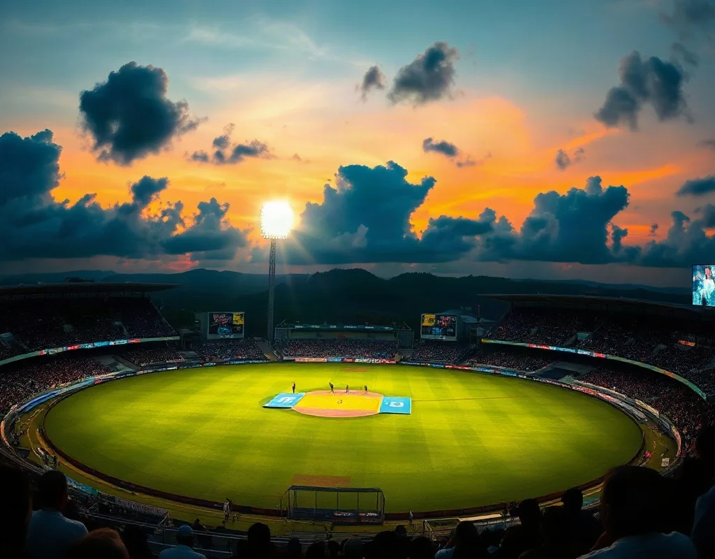 Pakistan cricket team practicing under floodlights at a stadium at dusk
