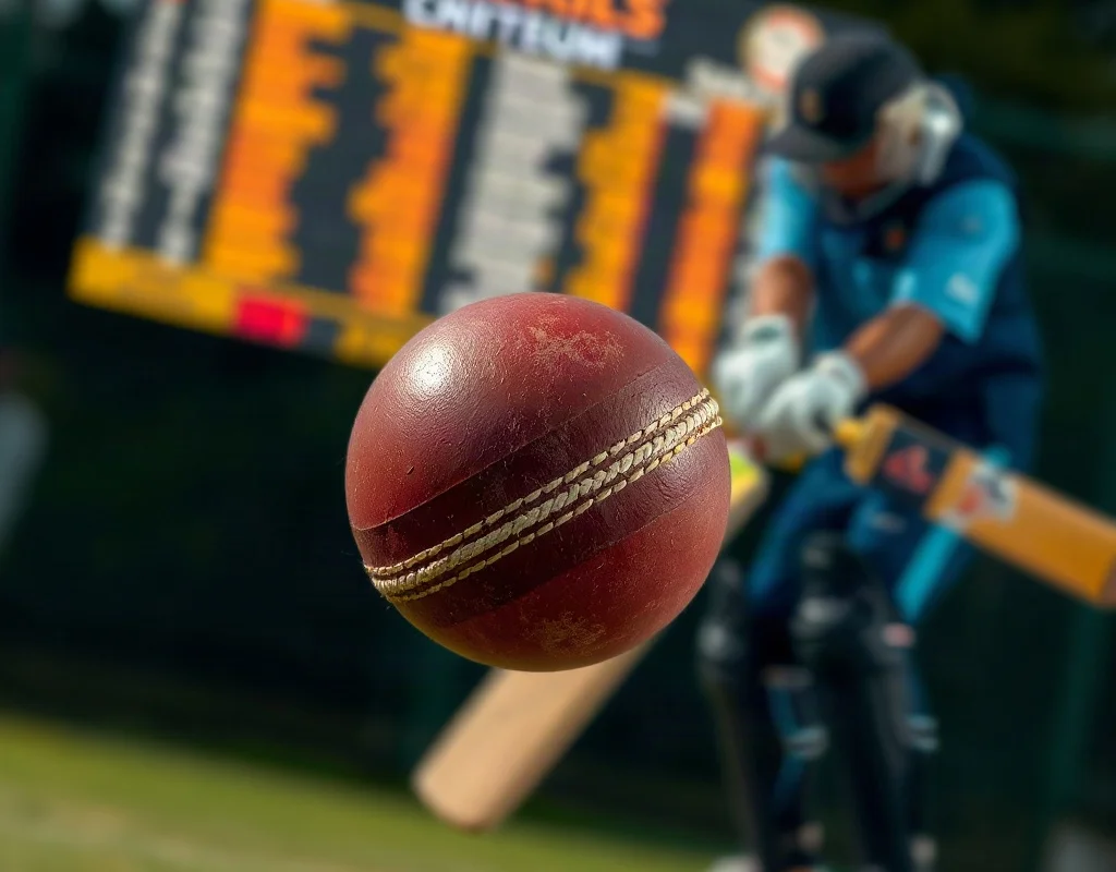 Cricket bowler delivering a ball while batsman plays a shot during a match