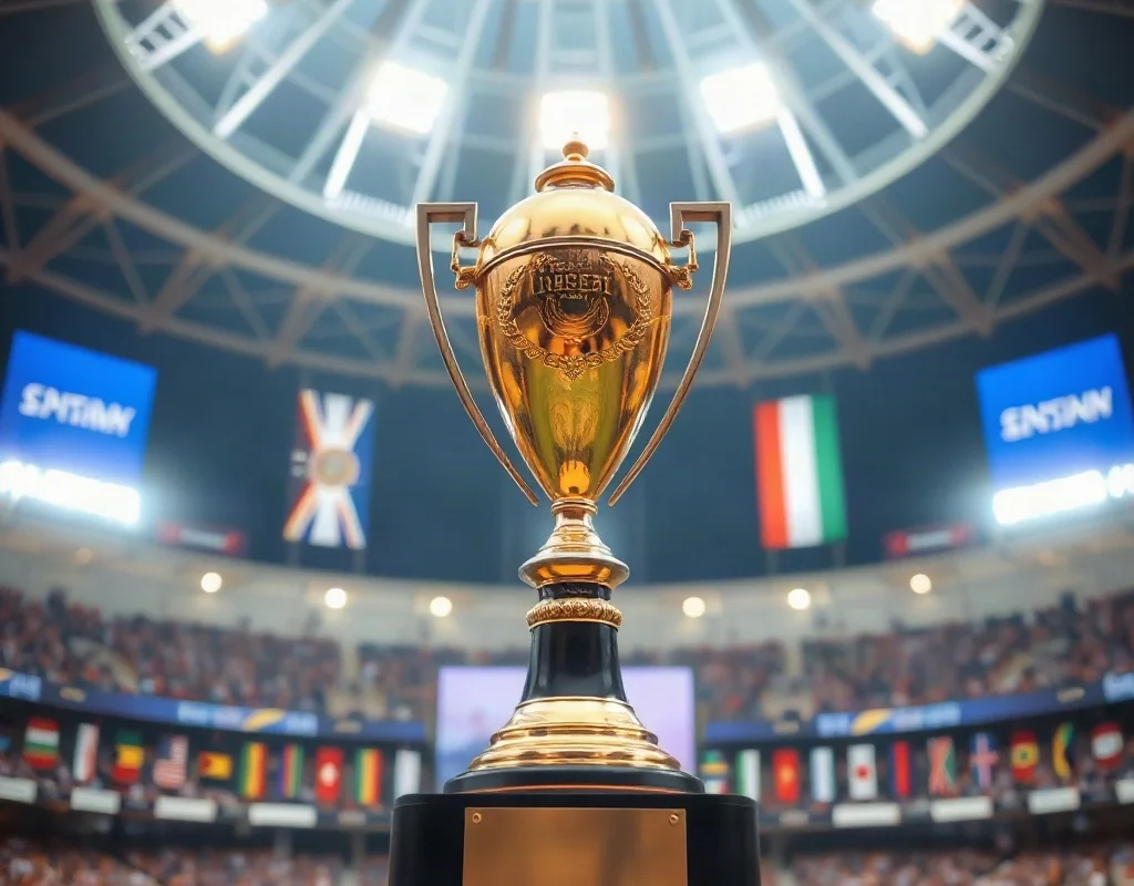 International cricket trophy with flags of participating nations in a stadium