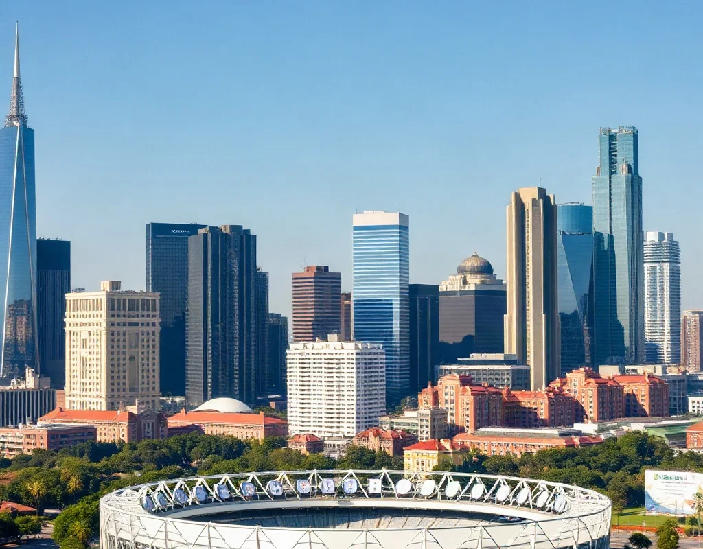 Cricket stadium and financial buildings symbolizing the business side of cricket