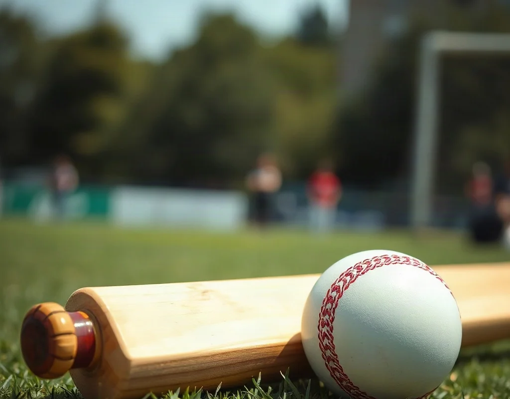 Cricket ball and bat on green pitch during a match