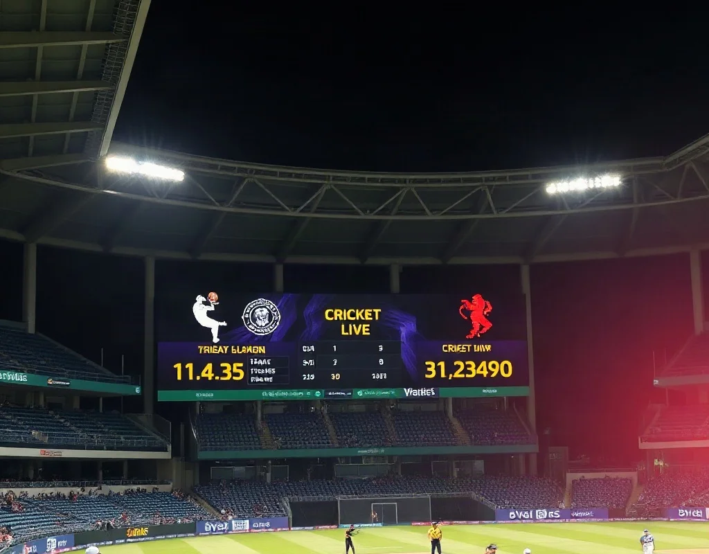Cricket stadium scoreboard showing match score