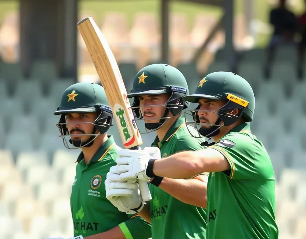 Cricket players in green jerseys playing under the sun