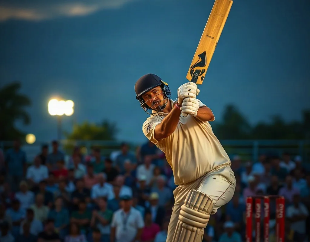 Cricket batsman playing a powerful shot in a stadium