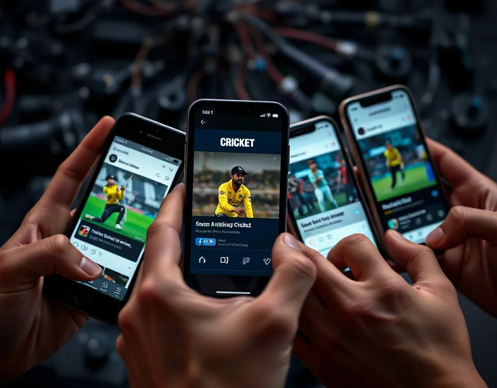 Hands holding smartphones with cricket social media feeds