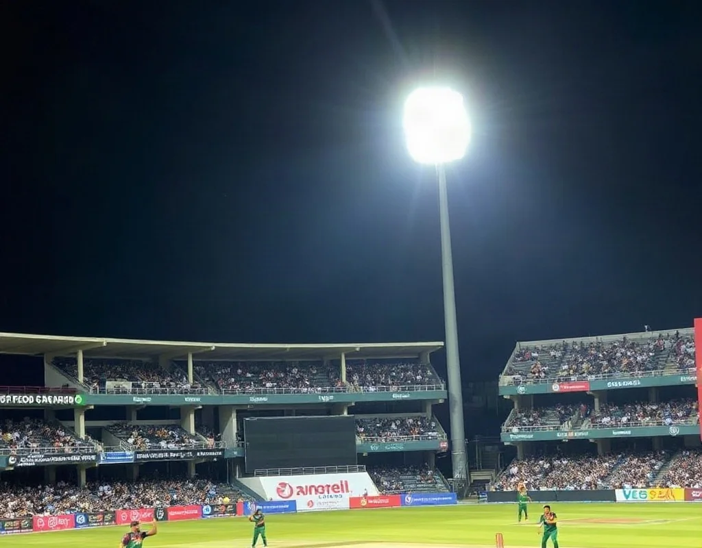 Pakistan cricket team fielding under floodlights during a day-night match
