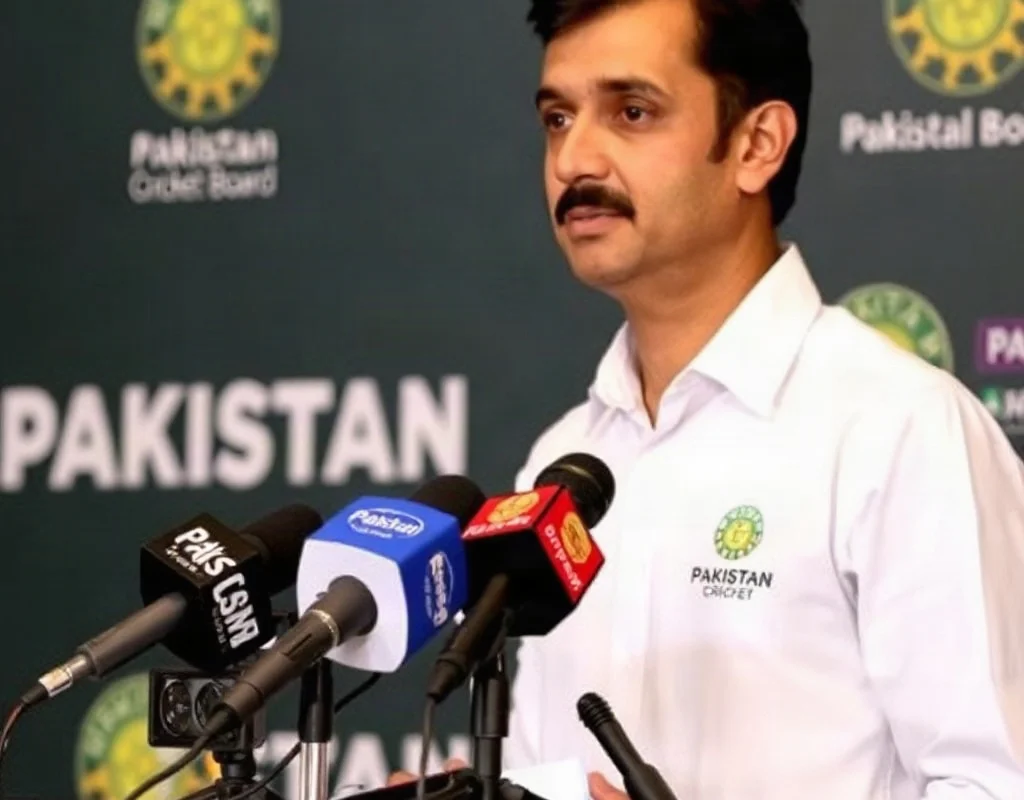PCB official giving a press conference with microphones at a podium
