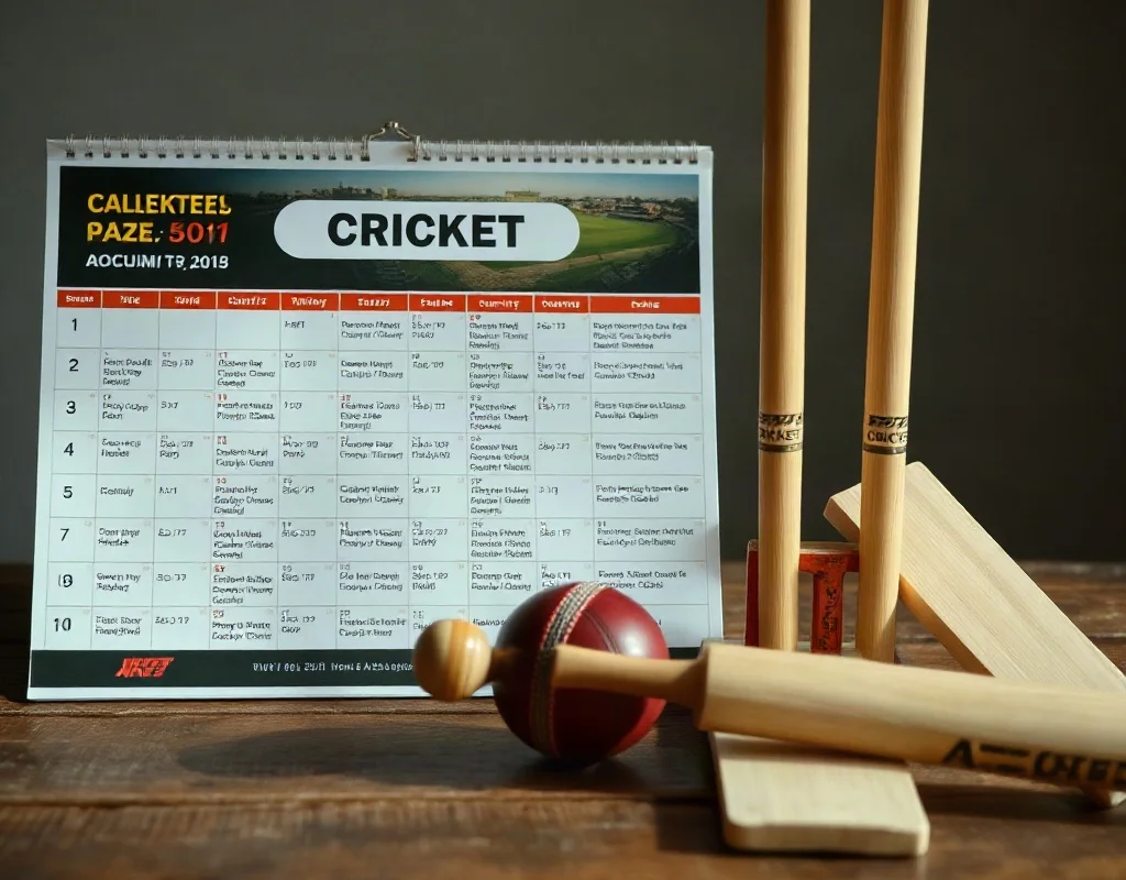 Cricket schedule on a calendar with a cricket ball and stumps