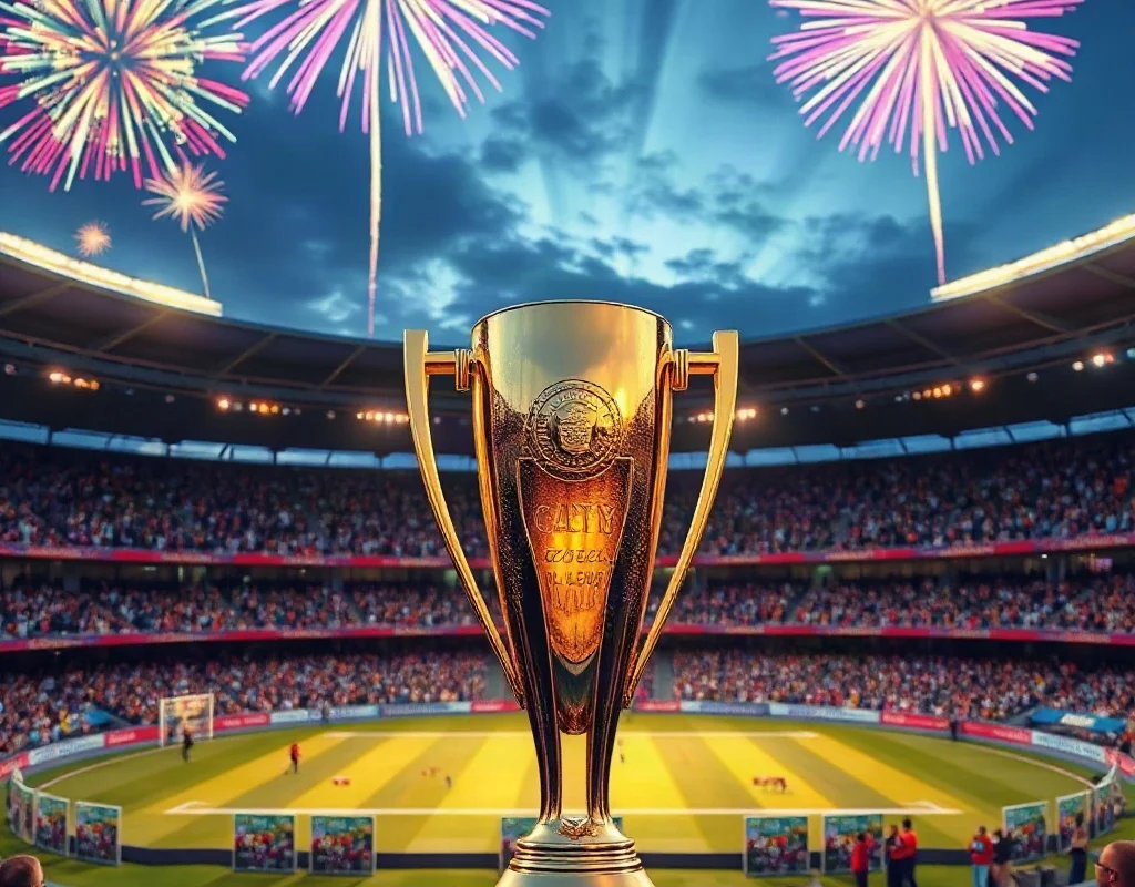 Cricket trophy with fireworks and a stadium crowd celebrating