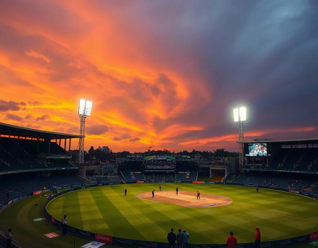 Cricket stadium at dusk with floodlights and players warming up