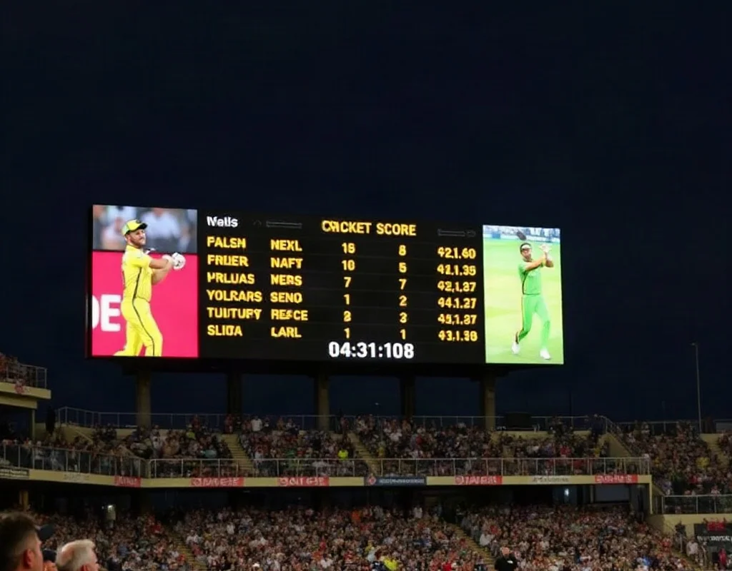 Cricket scoreboard on a large screen with fans in the stadium