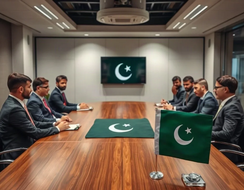 Cricket board officials in a meeting room with Pakistan flag