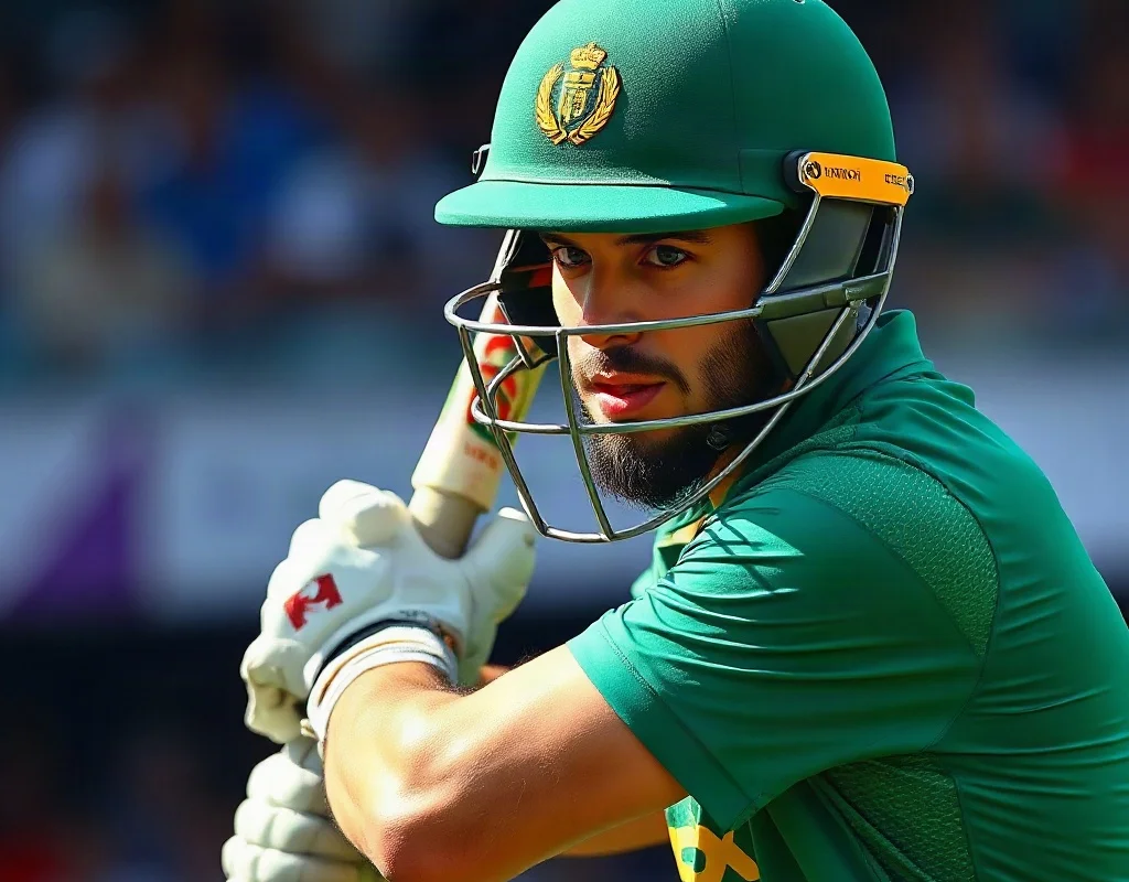 Close-up of a Pakistani cricket player batting with focus
