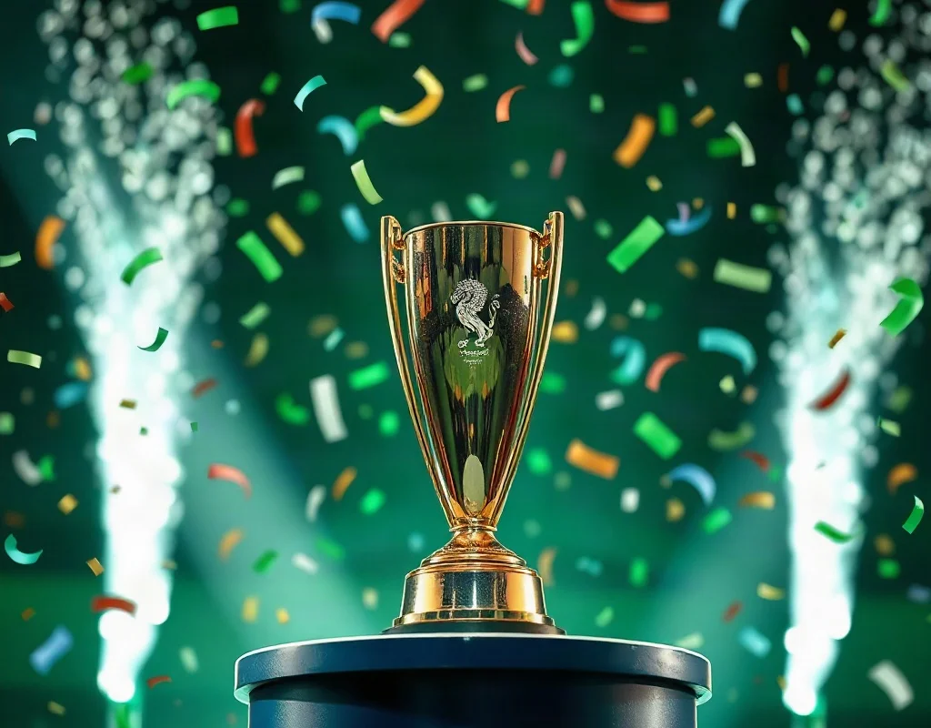 Cricket trophy on a podium with green and white lights