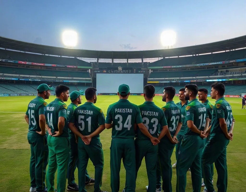 A wide shot of the Pakistan cricket team in green jerseys huddled together during a practice session at the National Stadium in Karachi, with the floodlights glowing against the evening sky.