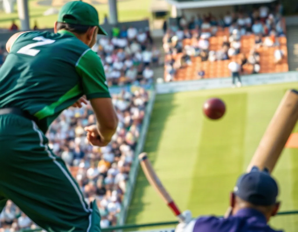A close-up action shot of a Pakistani fast bowler delivering a bouncer in a packed stadium, grass flying off the pitch, with the batsman on the back foot.