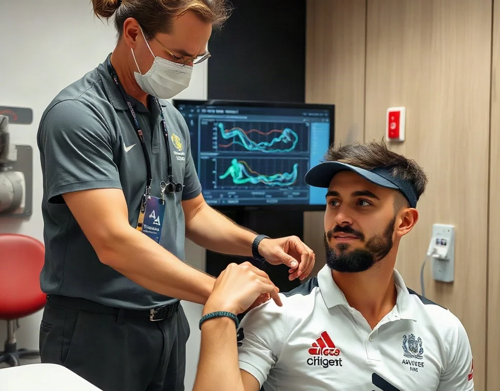 A medical staff member assisting a cricketer in a modern physiotherapy room, with the player strapping his shoulder while looking at a display screen showing biomechanics data.