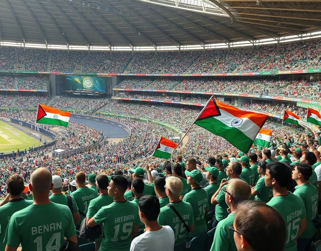 A stadium view from the stands showing a massive crowd in green shirts waving flags during a national anthem, capturing the vibrant atmosphere of a home cricket match.