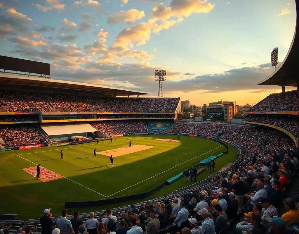 Pakistan cricket team training at a stadium during sunset