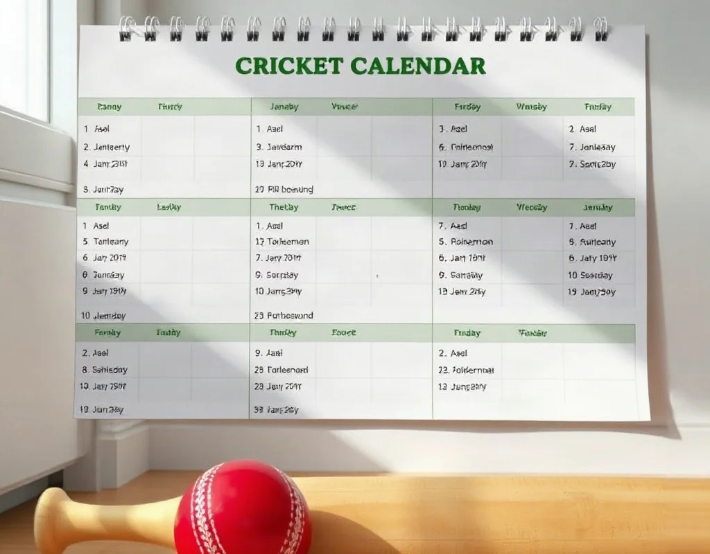 Cricket schedule calendar with a ball and bat