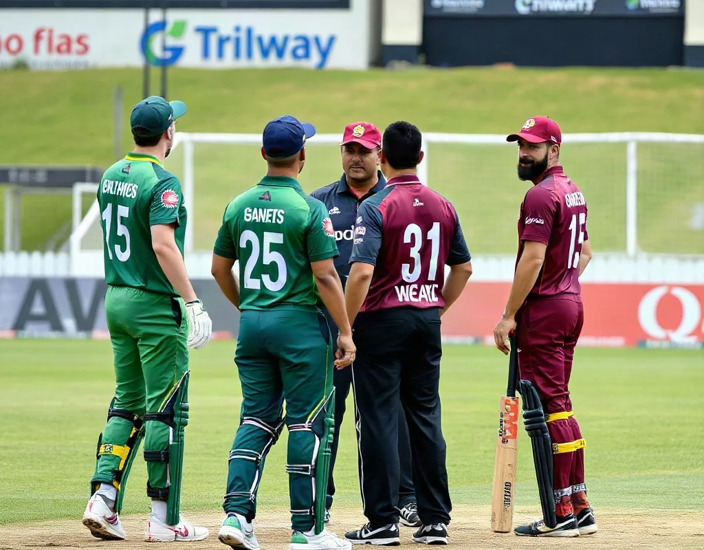 West Indies and Pakistan cricket teams on the field