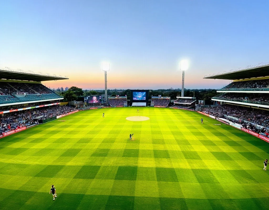 Cricket match in progress at a stadium with players in green uniforms.
