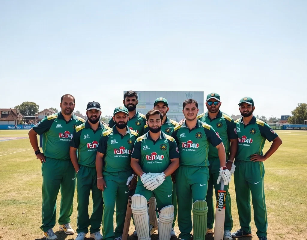 Pakistan cricket team squad posing together on the field.