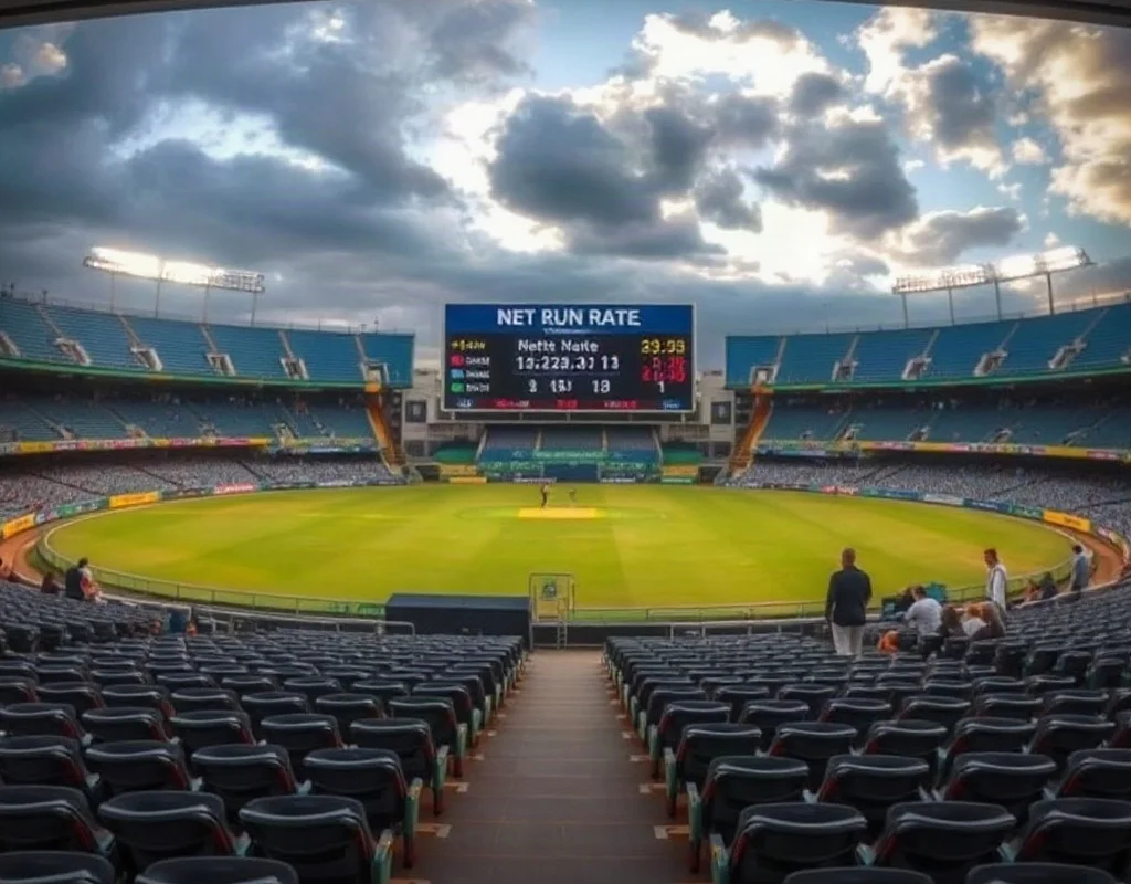 Cricket stadium scoreboard displaying a closely contested match.