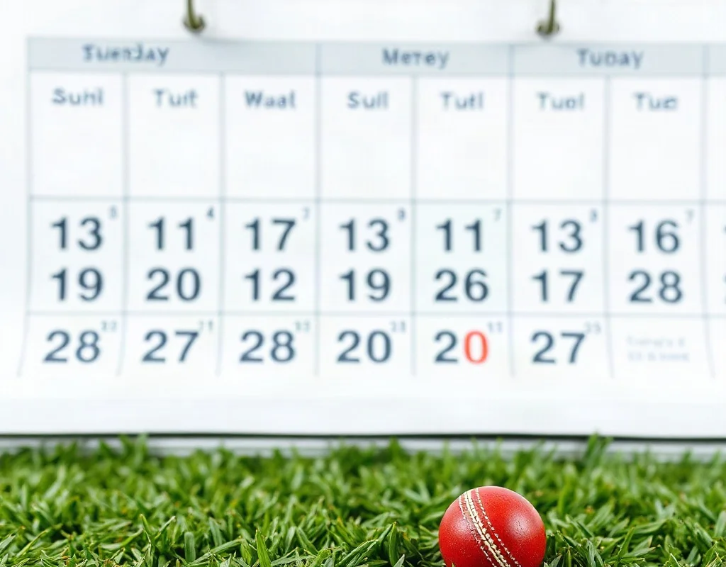 Cricket schedule calendar with important match dates highlighted.