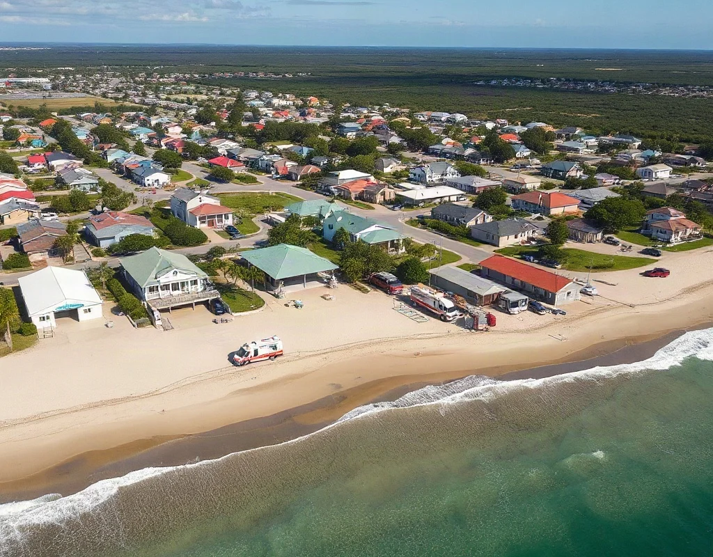 Aerial view of Panama City Beach with emergency vehicles responding