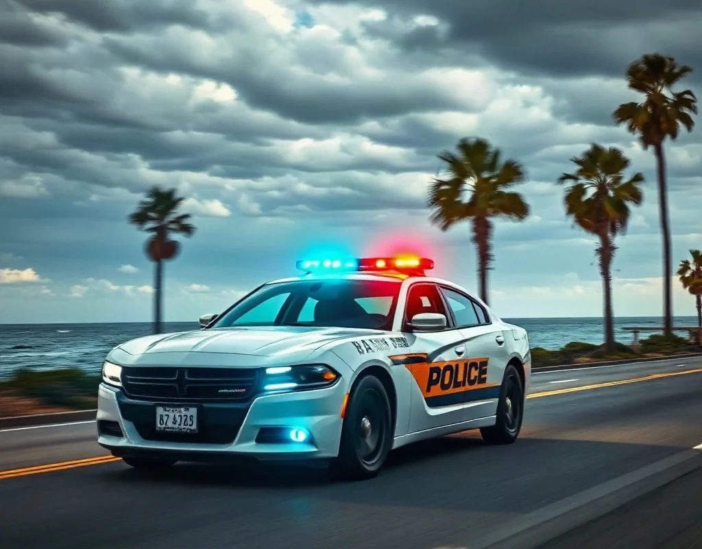 Police car with flashing lights on a coastal road in Panama City Beach