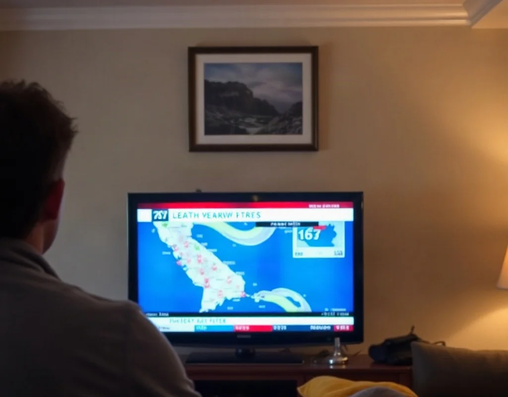 Person watching local news on television in a living room