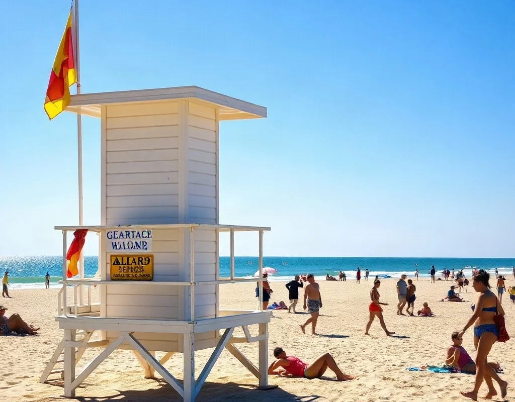 Lifeguard tower and warning flags on a sunny beach