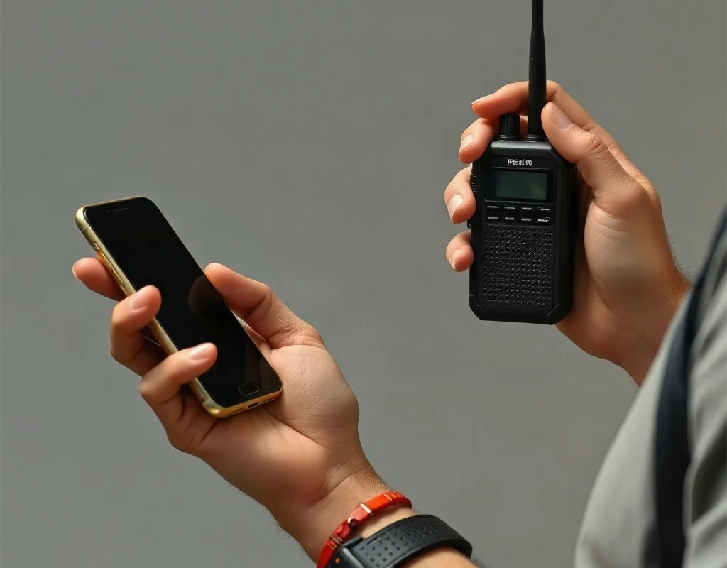 Person checking phone and listening to a portable radio for news updates