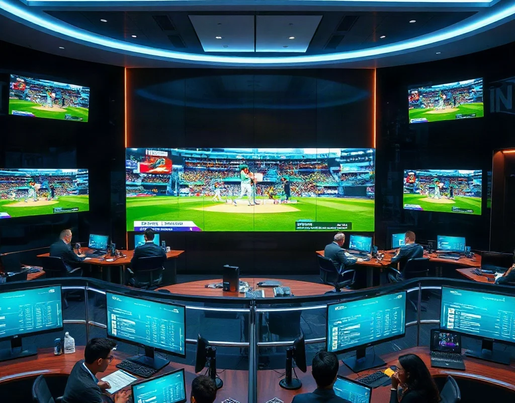 Newsroom with screens showing cricket matches for PCB latest news coverage.