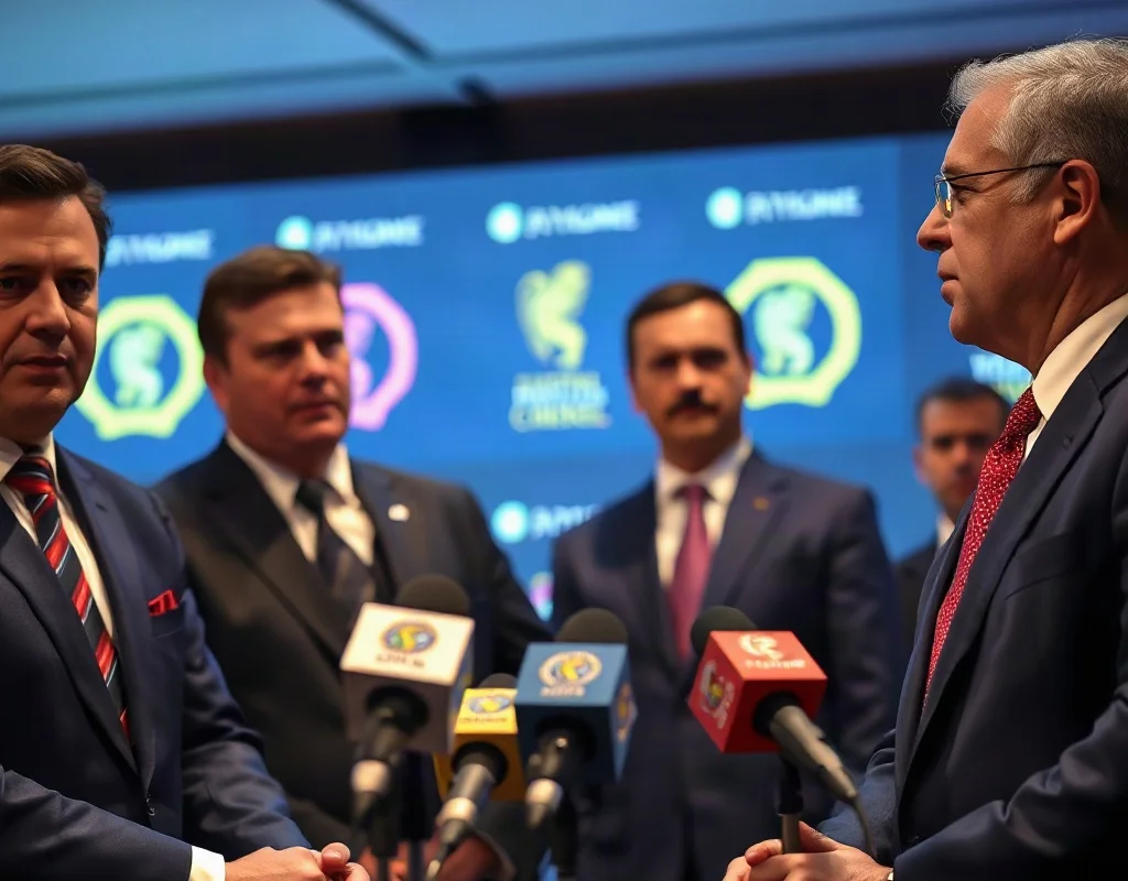 Cricket board officials conducting a press conference.