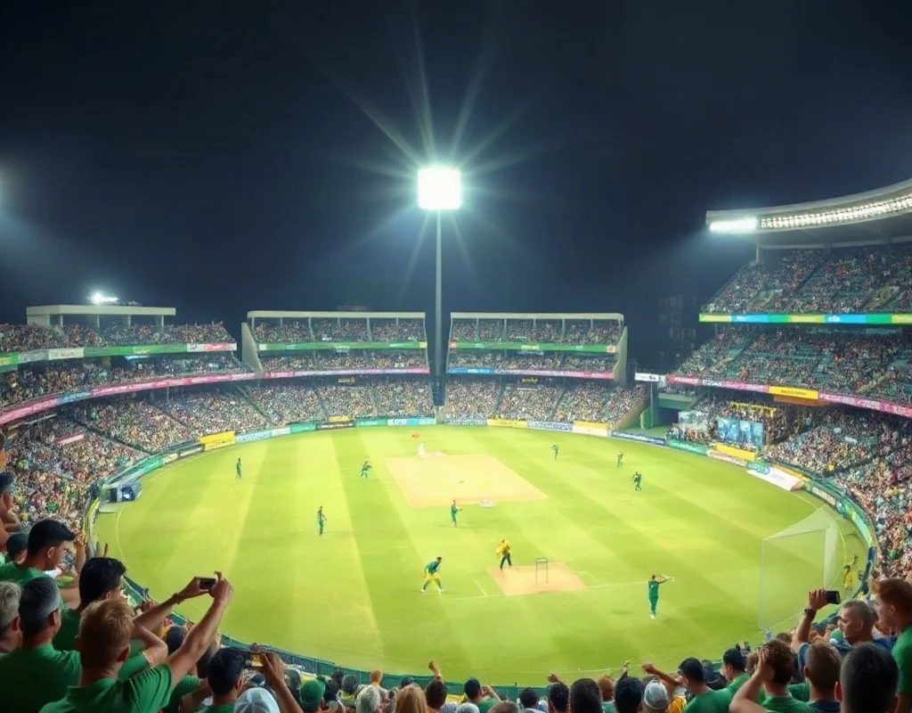 Cricket stadium with Pakistani fans cheering during a T20 match.