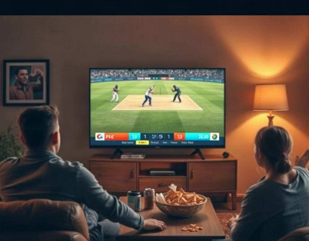 Fans watching a cricket match on TV at home.
