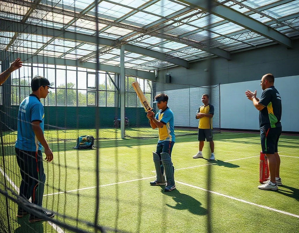 Young cricketers training at a cricket academy.