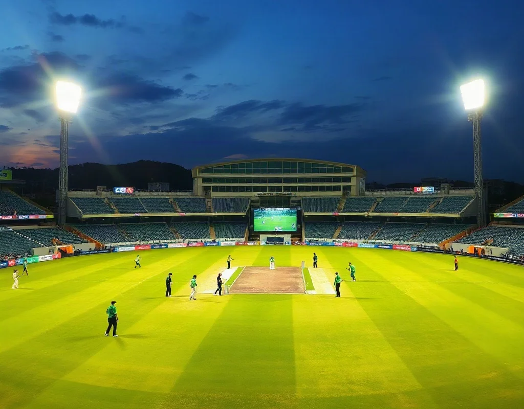 Pakistan cricket team practicing under floodlights at a stadium