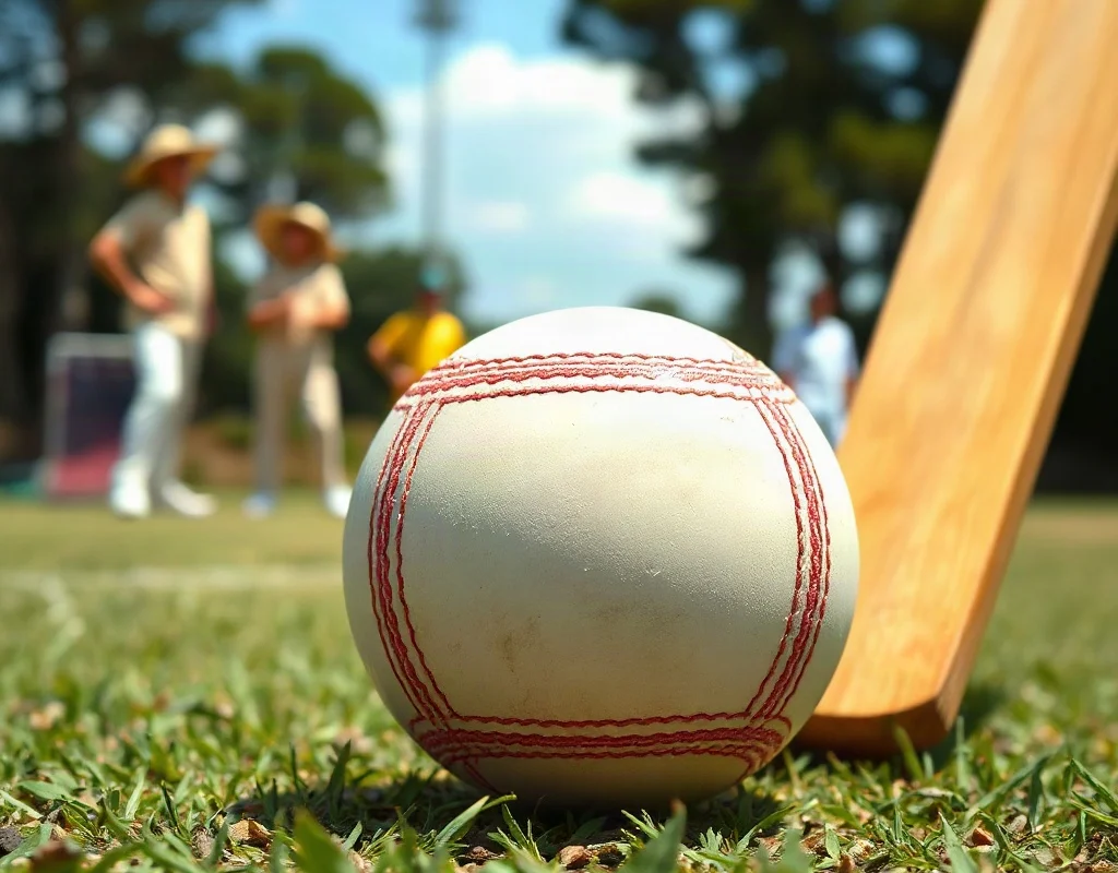 Cricket ball and bat on the pitch during a match