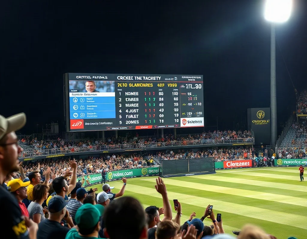 Scoreboard showing a close cricket match with fans in the stands