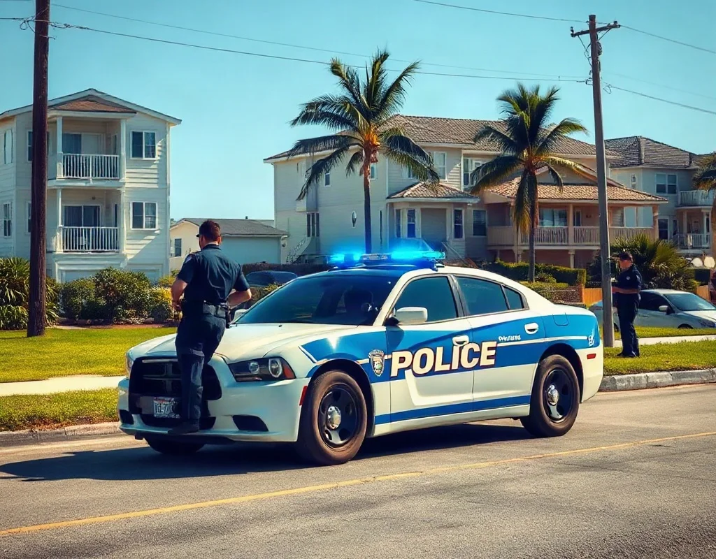 Police officer on patrol near a beachfront area in Panama City Beach.